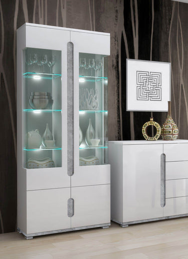 Elise White High Gloss and Grey Display Cabinet T02 - Luxury Furniture Piece - UK Luxury Furniture